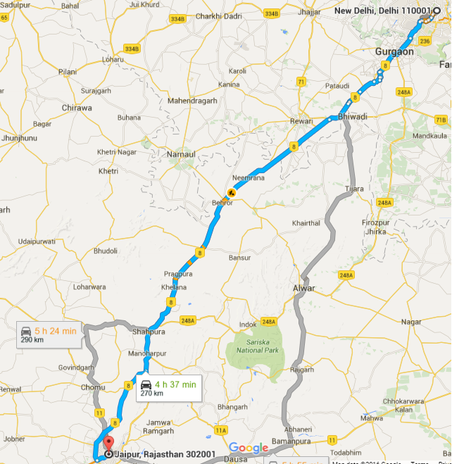 delhi to jaipur map