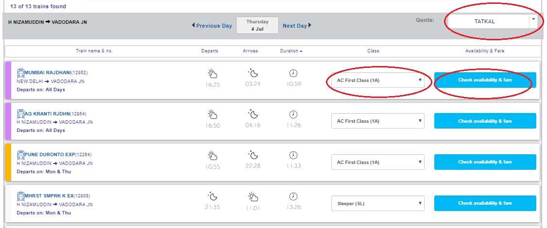 Indian Railway Tatkal Fare Chart