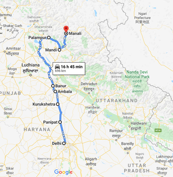 Delhi to Manali by Road: Route 2